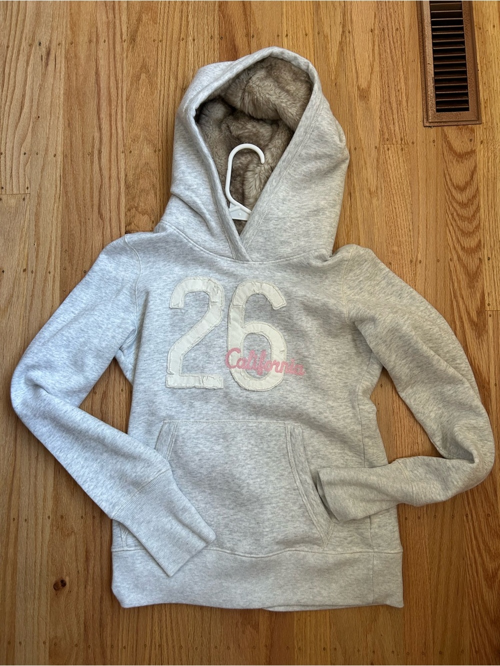 New Hollister Light Gray Hooded Sweatshirt with Sherpa Lining and '26' Patch